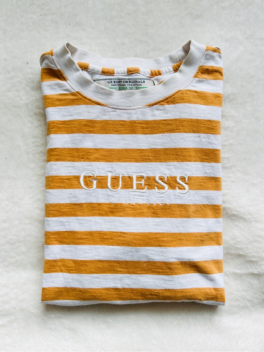 Guess Originals Striped Tee in Mustard & White